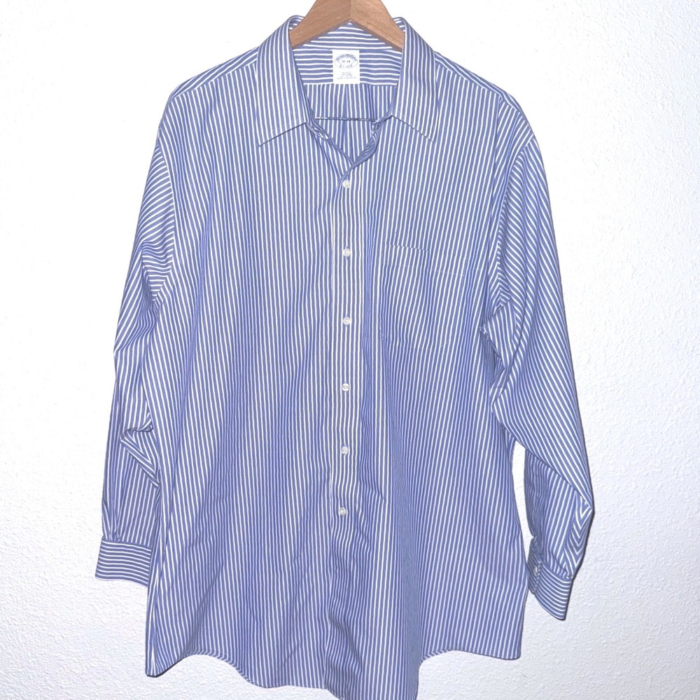 Brooks Brothers Men's 18-34 Slim Non-Iron Cotton Striped Dress Shirt Blue White
